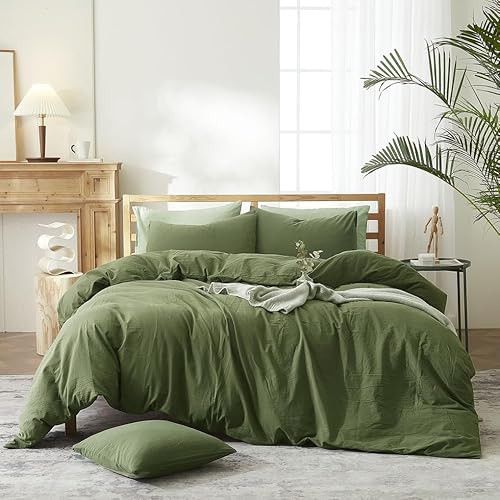 AMWAN Army Green Duvet Cover Twin XL - Soft Washed Cotton Bedding Set 3 Piece With 1 Comforter Cover and 2 Pillowcases - Simple Style Olive Green Twin XL
