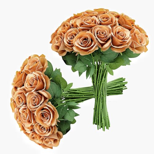 JUSMAI 30pcs Roses Artificial Flowers Terracotta Fake Roses Flowers with Long Stems Silk Flowers for Wedding Bouquet Centerpices Decorations Party Bridal Baby Shower Home Decor