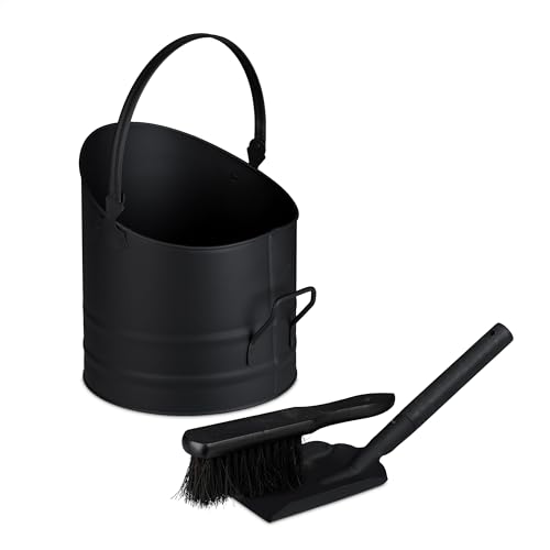 Relaxdays Coal Bucket with Handles, Scuttle incl. Shovel & Brush, Iron Ash Container for Fireplace, Metal, Black, Coco, Wood, 9.5 L