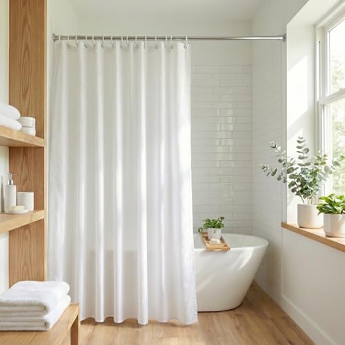 Croydex White Shower Curtain Made from 100% Recycled Poyester, with 12 Rust-Resistant Metal Eyelets, Weighted Hem, Anti-Microbial