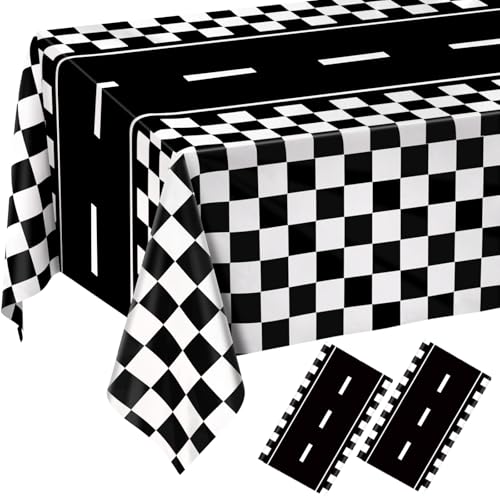 QISOLIY 2 PCS Race Car Table Cloth Racing Car Theme Disposable Tablecloths Black Checkered Flag Table Cover Racetrack Rectangular for Birthday Party Decorations, 54 x 108 Inch