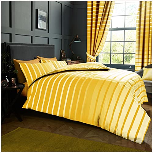 GC GAVENO CAVAILIA Premium Oscar Stripe Duvet Cover, Easy Care Soft & Cosy Reversible Printed Lined Quilt Set Bedding, King, Ochre