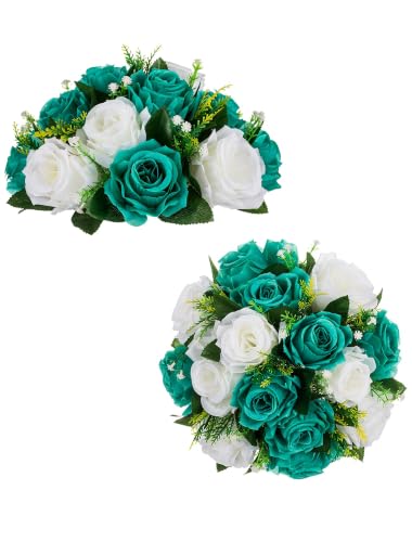 BLOSMON Flower Centerpieces for Tables Wedding 2 Pcs Teal & White Fake Flowers Rose Arrangement Bouquet Floral Centerpiece Balls Artificial Wedding Center Pieces of Valentines Day Home Decor