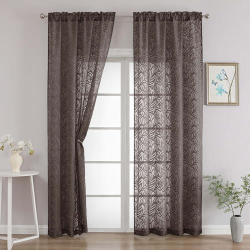 OVZME Extra Long Chocolate Sheer Curtains 96 Inches Long 2 Panels, Elegant Voile Semi Sheer Curtains for Living Room, Textured Leaf Jacquard Window Drapes for Sliding Door, 2x42Wx96L Inches