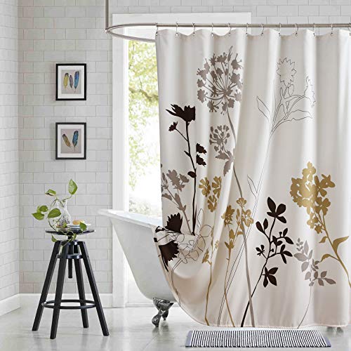 "BESTRIPES 90 Inch Fabric Shower Curtain, Extra Long Beige Brown Grey Floral Plant Shower Curtains for Bathroom, 72"" W x 90"" H"