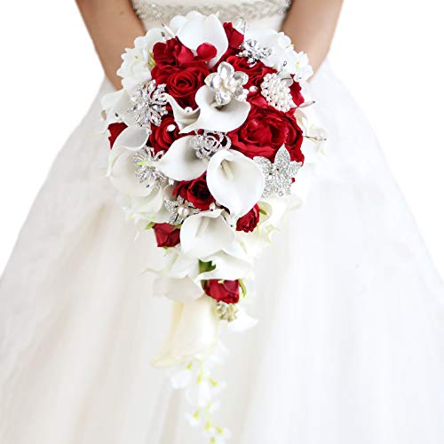 IFFO 11inch Bridal Bouquets for Wedding, Calla Lilies Simulation Rose Diamonds Pearl Bride Wedding Bouquet, Wedding Party Decoration Confession (red
