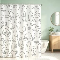 IcosaMro Cat Shower Curtain for Bathroom with Hooks, Black and White Cute Cartoon Colorful Kittens Funny Decorative Long Cloth Fabric Shower Curtain, 71x72 Inches