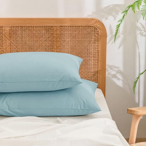 BESTOUCH Washed Cotton Pillowcases Linen Feel Hushed Green Standard - 100% Washed Cotton, Linen Feel, Soft Wrinkle Texture, Envelope Closure, Breathable Lightweight Durable Comfy, 2 Pcs No Insert