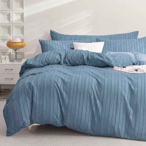 JELLYMONI Blue Duvet Cover Full Size - 3PCS Microfiber Tufted Duvet Cover Set, Boho Striped Tufted Textured Duvet Cover with Corner Ties & Zipper Closure