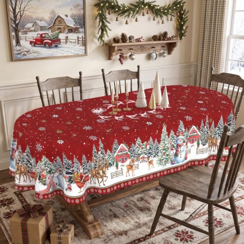 Lookio Chubba Red Oval Christmas Tablecloth 60x84 Inch, Waterproof Winter Xmas Holiday Christmas Table Cloths Oval