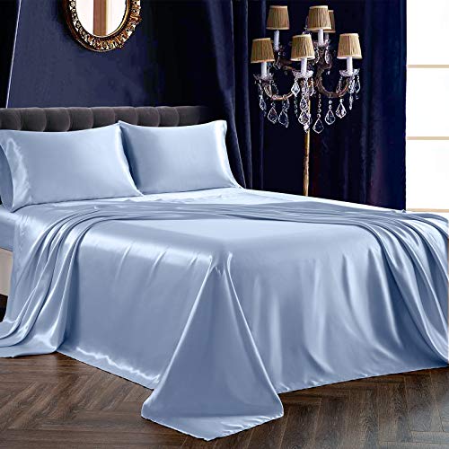 SiinvdaBZX 3Pcs Twin XL Sheets Set, Baby Blue Silky Satin Sheets Twin XL Bedding Set Ultra-Soft Extra Long Bed Sheets for College Dorm