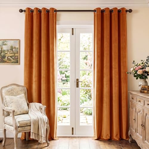 StangH Orange Curtains Velvet - Extra Long Living Room Curtains 108 inches Long, Thermal Insulated Noise Reducing Window Panels for Bedroom, W52 x L108, 2 Panels