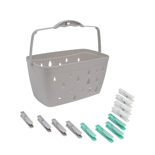 JVL Plastic Peg Basket, Grey with 36 Strong Hold Plastic Pegs, Aqua