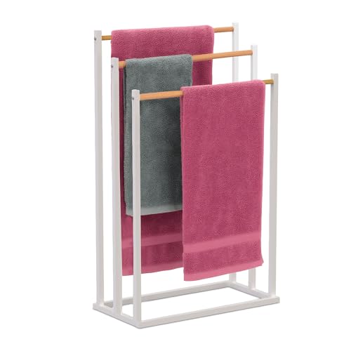 Relaxdays standing towel rack, HxWxD: 76 x 45 x 21.5 cm, metal, bamboo, 3 rods, bathroom, white/natural