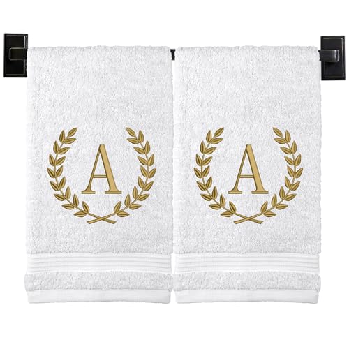Custom Luxury Towels Monogrammed Hand Towels for Bathroom - Set of 2 - Genuine Turkish Towels - Choose Towel and Thread Color - A - Z - Monogrammed Towels with Embroidered Wheat Laurel Design