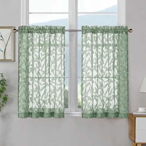 OWENIE Leyna 36 Inch Length Sage Green Sheer Curtains Tiers 2 Pieces, Modern Leaf Jacquard Textured Short Kitchen Window Curtain for Living Room Bedroom, Modern Double Rod Pockets, 40Wx36L Inches