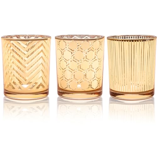 Toptime Tea Light Candle Holders, Gold Votive Candle Holder Set of 3, Glass Tealight Holders with Stripe Honeycomb Wavy Lines Pattern, Romantic Table Centrepiece for Wedding, Party, Home Decor