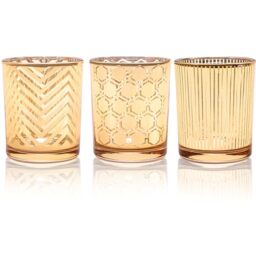 Toptime Tea Light Candle Holders, Gold Votive Candle Holder Set of 3, Glass Tealight Holders with Stripe Honeycomb Wavy Lines Pattern, Romantic Table Centrepiece for Wedding, Party, Home Decor