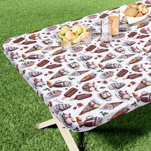 "homing Rectangle Printed Fabric Tablecloth, Elastic Fitted Table Cloth for 6 Foot Table, Washable Polyester Table Cover for Outdoor, Picnic, Camping and Indoor, (Ice Cream, 30"" x 72"")"
