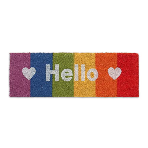 Relaxdays Hello Rainbow Doormat Coir Rubber, 75x25 cm, Door Mat Inside & Outside, Non-Slip, Multicoloured, Coco