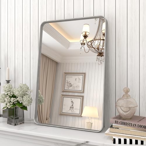 charmor CHARMOR 16x24 Inch Brushed Nickel Bathroom Mirror, Rounded Rectangle Silver Metal Frame Mirror, Silver Bathroom Vanity Mirror, Anti-Rust, Hangs Horizontally or Vertically