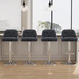 Adjustable Bar Stools Set of 4, Swivel Counter Stools with Backrest, Chenille & Faux Leather Upholstered Bar Chairs, Height Adjustable Kitchen Breakfast Bar Stools, Chrome Metal Base,Blue