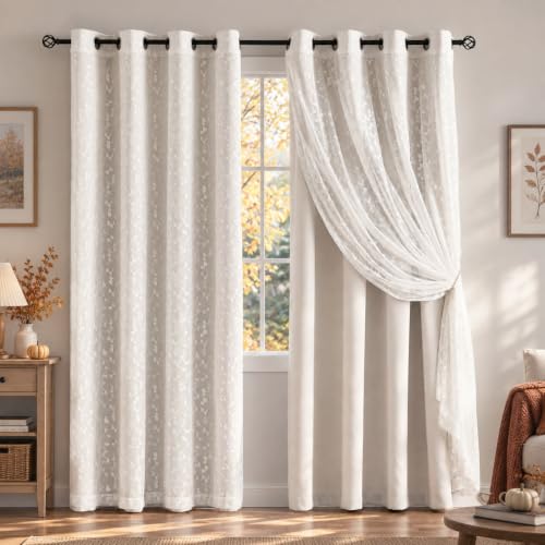 "Jubilantex Full Blackout Curtains + Leaf Sheer Window Panels, Beige Mix and Match Style Double Layer Window Treatment Sets for Bedroom Living Room, 4 Panels 52"" W x 63"" L, Beige and White"