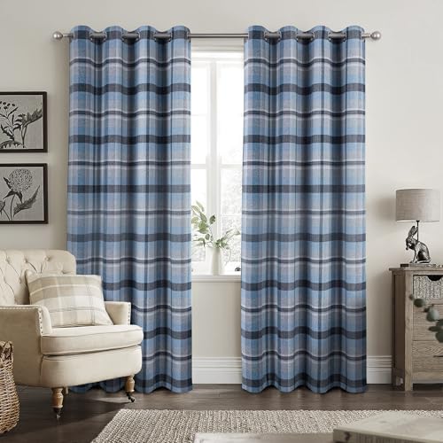 always4u Woolen Look Check Curtains 100% Blackout Highland Tartan Curtain for Living Room Bedroom Grommet Lined Window Drapes 2 Panels Light Blue 54 * 63 Inches