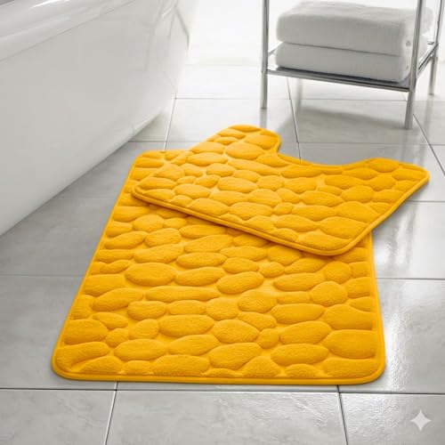 HomeSpace Direct Pebbles Non- Slip Memory Foam Bath Mat/Toilet Mat Set Ochre