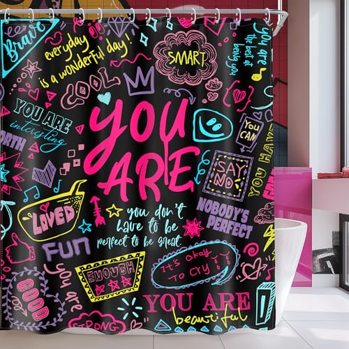 AMBZEK Pink Kids Quotes Shower Curtain 60Wx72L Inch Inspirational Teens You are Motivational Abstract Funny Colorful Artwork Cloth Fabric Waterproof Polyester Bathroom Decor Set with 12 Pack Hooks