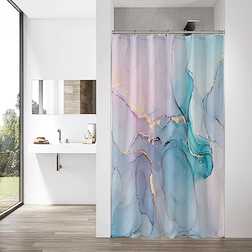 Gibelle Small Stall Shower Curtain 36 x 72, Narrow Half Abstract Marble Shower Curtain, Pink Turquoise Modern Ink Art Waterproof Fabric Shower Curtain Set