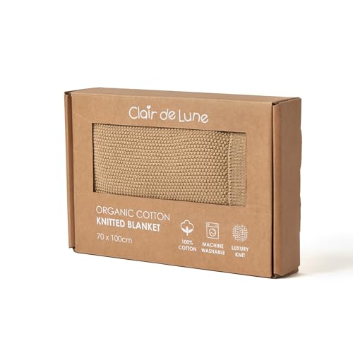 Clair de Lune Organic Knitted Blanket Soft and Cosy for Baby Pram/Car Seat 70 x 100 cm (Biscuit)