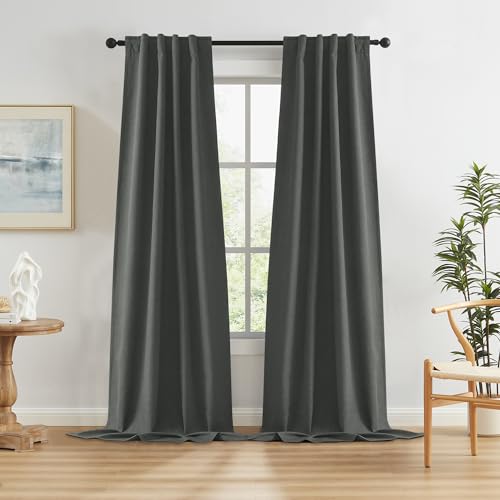 KEQIAOSUOCAI Dark Grey Blackout Curtains for Patio, 108 Inch Length, Total Sun Blocking Curtains for Living Room, Loop Hooks, Belt, 34 Inch Width, 2 Panels