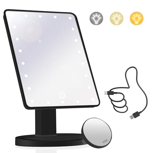 Makeup Vanity Mirror with Lights and 22 LED Lighted Makeup Mirror, Detachable 10X Magnification, Adjustable Dimming Touch Sensor, Dual Power Supply, 270° Rotation, Portable Cosmetic Mirrors - Black