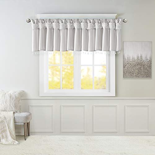 "Madison Park Emilia Faux Silk Valance, DIY Twist Tab Top Finish with Beads, Window Valance Curtain for Living Room, Bedroom and Dorm, 26"" L x 50"" W, Silver"