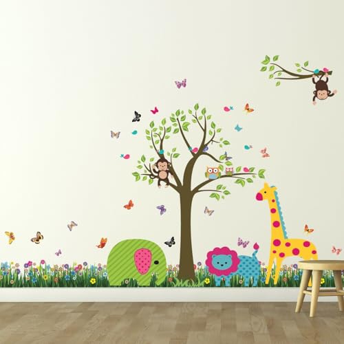 Removable Self-Adhesive Wall Stickers British Colourful Grass Animal Tree Mural Art Decals Vinyl Home Decoration DIY Nursery Wallpaper Kids Room Gift 188x156 cm, Multi-colour