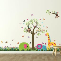 Removable Self-Adhesive Wall Stickers British Colourful Grass Animal Tree Mural Art Decals Vinyl Home Decoration DIY Nursery Wallpaper Kids Room Gift 188x156 cm, Multi-colour