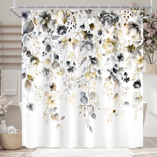 "Ufeela Yellow Grey Floral Gray Pastel Rustic Bathroom Shower Curtain Set - 72""W x 72""L Flower Eucalyptus look, waterproof HD printed shower curtain, quick-dry fabric and free hooks."
