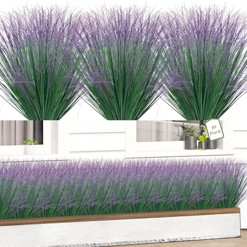 10Pcs Fake Grass Plants, Artificial Shrubs Wheat Grass, Faux Tall Plants for Outdoor Decor, Greenery Stems Weed for Room Indoor Home Decor???Green Purple Tail???