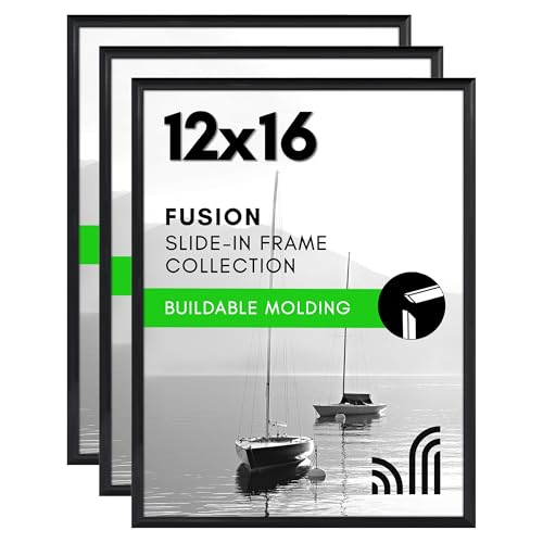 Americanflat 12x16 Picture Frame in Black - Set of 3-12x16 Frame with Slimline Molding, Plexiglass Cover, and Hanging Hardware for Horizontal or Vertical Wall Display