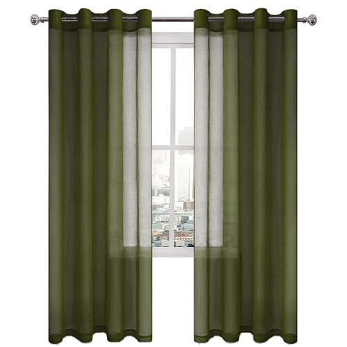 DWCN Set of 2 Linen Effect Sheer Curtains with Eyelets 52 x 84 cm Olive Green