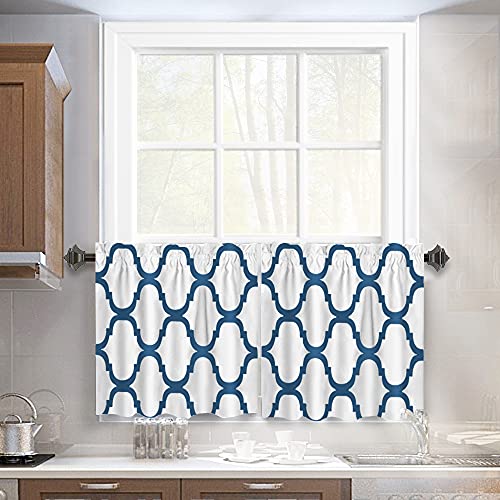 Melodieux Set of 2 Moroccan Fashion Tier Curtains for Kitchen,Geometric Lattice Rod Pocket Curtains for Cafe Bathroom Small Windows, Tiers - 29x24 Inch Length,Off White/Navy