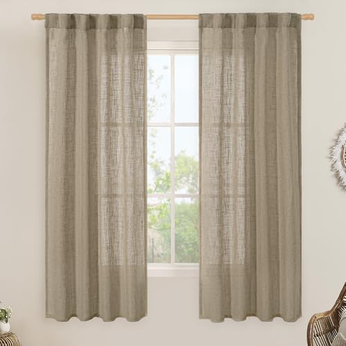 LAMIT Linen Curtains 60 Inch Length 2 Panels, Light Filtering Panels Back Tab and Rod Pocket Neutral Drapes for Bedroom/Window/Living Room, Taupe, 34 x 60 Inch