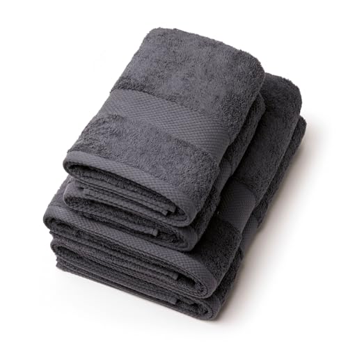 Pure Coton Set of 4 Bath and Hand Towels in Combed Cotton 550 g/m² Oeko-TEX Certified Washable at 40°C 2 Hand Towels 50 x 100 cm + 2 Bath Sheets 70 x 140 cm Dark Grey