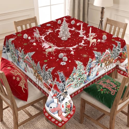 Lookio Chubba Red Square Christmas Tablecloth 60x60 Inch, Waterproof Winter Xmas Holiday Christmas Table Cloth Square Table Cover
