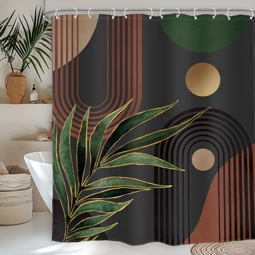 Dark Green Brown Shower Curtain Abstract Mid Century Bathroom Curtain Set - Boho Retro Tropical Leaves Modern Geometric Minimalist Arch Sun 60Wx72L Bathroom Decor Waterproof Fabric with Free Hooks