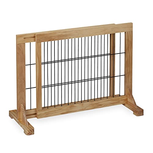 Relaxdays Safety Gate for Children & Pets, HxD: 56 x 70-115 cm, with Feet and Floor Protectors, Free-Standing, Brown, Wood, Steel