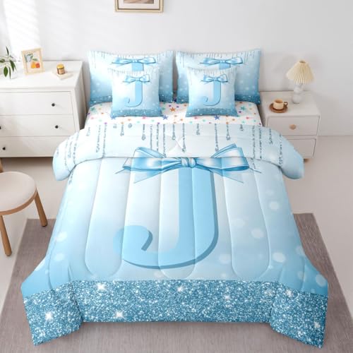 Teen Girl Letter Initial J Twin Comforter Set with Sheets for Kids Adults Women - Cute Alphabet Bow 7-Piece Bedding Set Girly Dreamy Coquette Bow Bed in a Bag Modern Trendy Fashion Bows Bed Quilt Sets