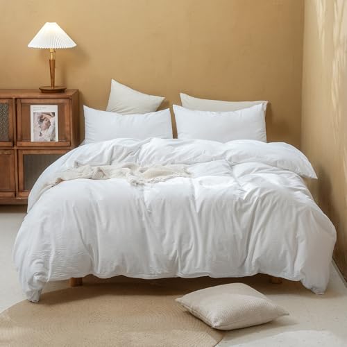 FOSSA Duvet Cover Set 100% Washed Cotton Linen Feel Twin - Super Soft Breathable Lightweight & All Season Bedding Set with Hidden Zipper & 8 Corner Ties (Bright White)