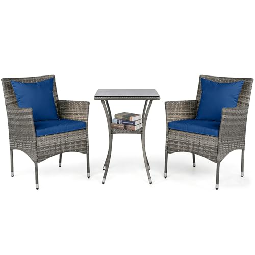 GiantexUK 3PCS Outdoor Bistro Set, PE Rattan Patio Dining Set with with Glass-Top Table, 2 Chairs & Cushions, Garden Furniture Set for Balcony Poolside (Navy)